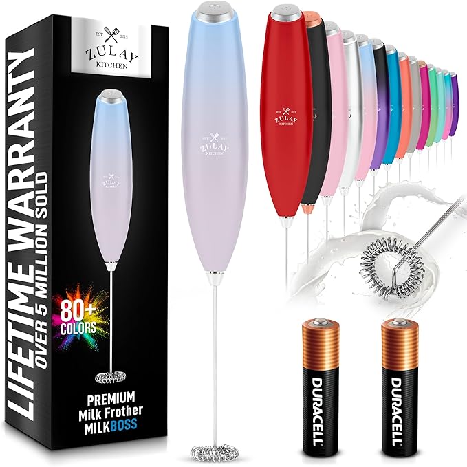Zulay Kitchen Handheld Milk Frother with Duracell AA Batteries – Ultra Fast Electric Mixer & Foam Maker, Easy-Clean Drink Mixer for Coffee & More