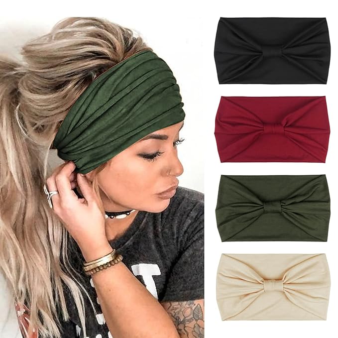DRESHOW 4 Pack Turban Headbands for Women Wide Vintage Head Wraps Knotted Cute Hair Band Accessories