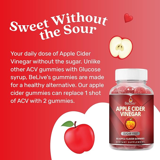 BeLive Apple Cider Vinegar Gummies - ACV Gummies Without Sugar I Detox & Cleanse Digestive Health I Alternative to Capsules, Vegan, Keto Friendly, Non-GMO, Gluten Free | 60 Ct