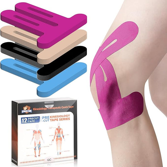 Kinesiology Tape for Knees Pre Cut, 12 PCS Upgrade KTQUICK Knee Tape For Knee Pain Relief Pre Cut, Original Cotton Knee Tape, Flexible & Durable Sports Tape for Support & Comfort During Workouts, Pink