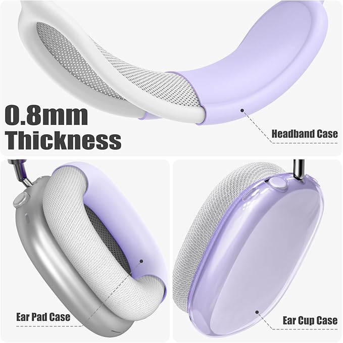 4 in 1 Set for AirPod Max Case Cover, Anti-Scratch Ear Pad Covers/Ear Cups Cover/Headband Cover, AirPod Max Covers Accessories for Apple AirPods Max (2020 Lightning /2024 USB-C)-Clear Purple