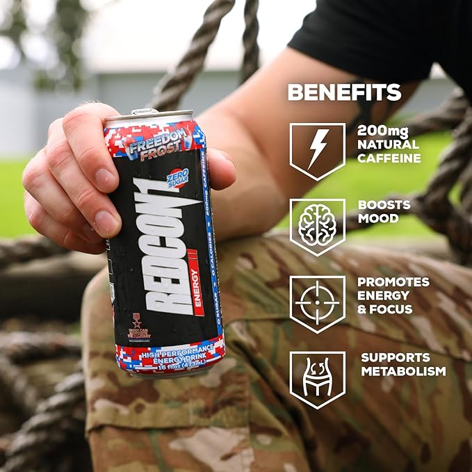 REDCON1 Energy High Performance Drink, Freedom Frost - Zero Sugar Energy Drink with Alpha GPC Nootropic - 200mg Natural Caffeine from Green Coffee Beans - Vitamin B6, B12 & B5 to Boost Mood (12 ct)