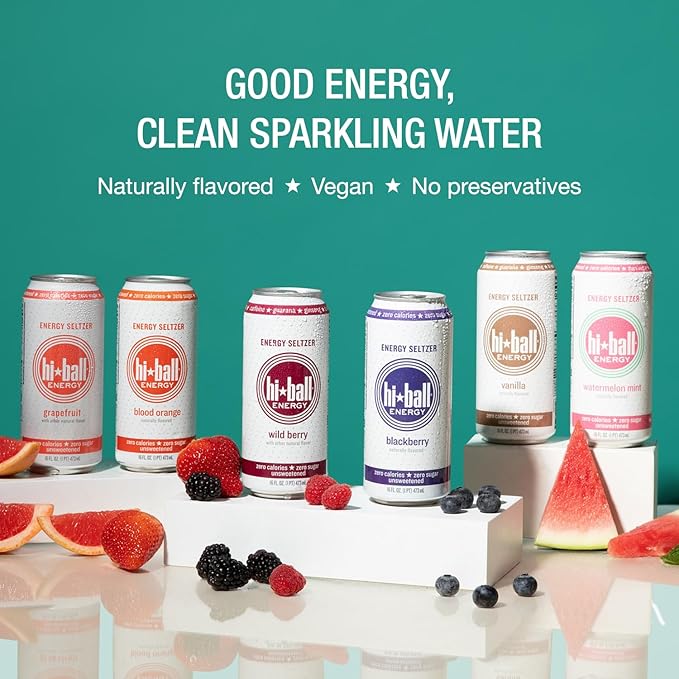 Hiball Energy Seltzer Water, Caffeinated Sparkling Water Made with Vitamin B12 and Vitamin B6, Sugar Free of 16 Fl Oz(Pack of 8), Blood Orange