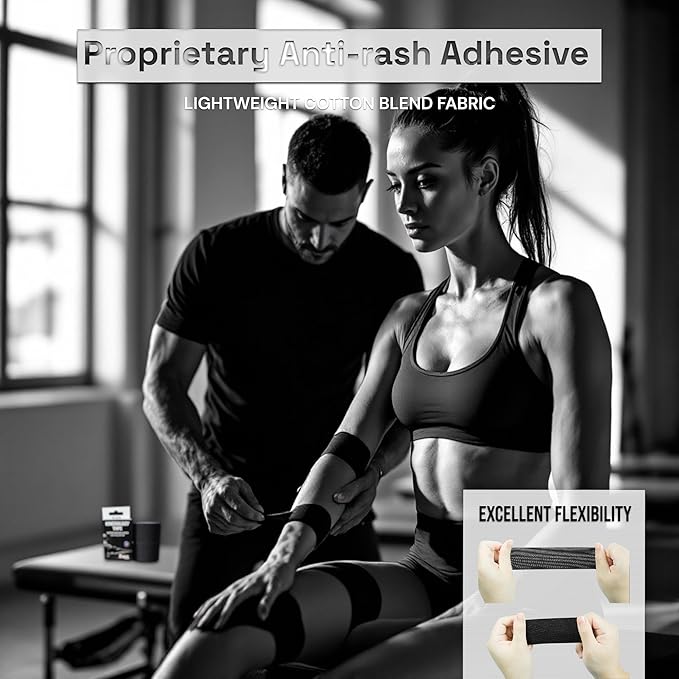 JLB Kinesiology Tape – 2 Rolls (16ft Each) – Strong Adhesion, Waterproof & Sweatproof – Latex-Free Sports Tape for Pain Relief, Muscle Support & Recovery – Physical Therapy & Athletic Tape (Black)