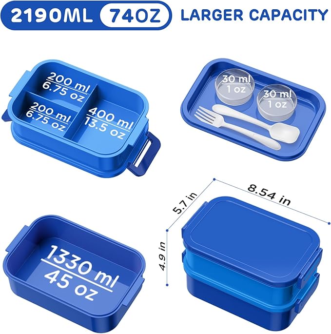 DaCool Bento Box Adults Lunch Container - 74 OZ Stackable Leakproof Bento Lunch Box for Adults Men Boys Teens Large Lunch Box Containers with Fork Spoon Sauce Boxes for Work School Dining Out, Blue