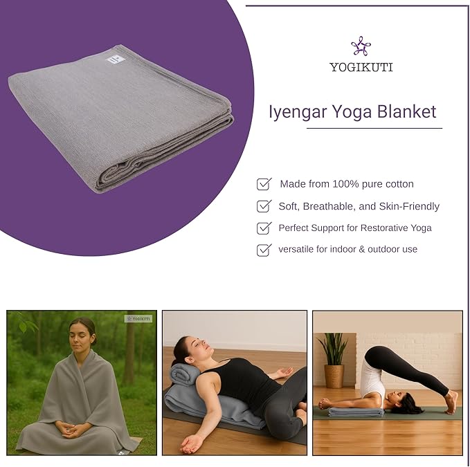 Yogikuti Iyengar Cotton Yoga Blanket Set of One – Thick Handwoven Yoga Blankets for Restorative Yoga, Meditation & Pranayama – Premium Cotton Yoga Blanket for Support & Comfort in Pranayama (Gray)