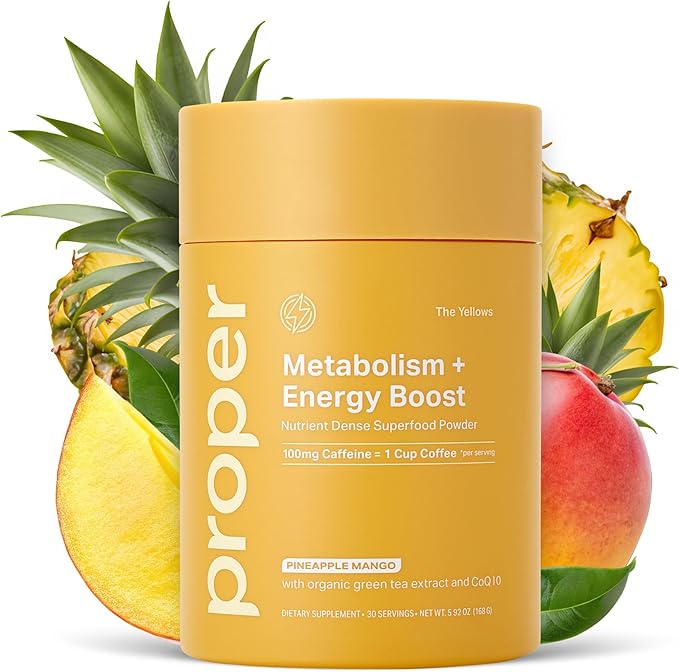 Proper, The Yellows Metabolism and Energy Boost, Sugar Free Energy Drink Powder with 100mg Caffeine. No Creatine or Beta-Alanine. 30 Servings, Pineapple Mango Drink Mix for Men and Women
