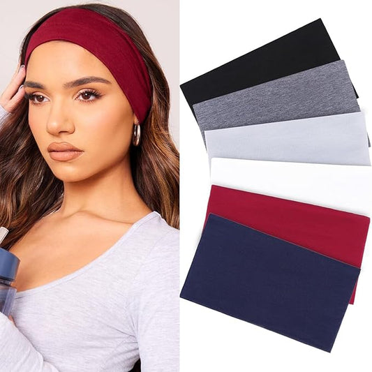 XTREND 6 Packs Wide Headbands for Women Stretch Hair Band Fashion Headband Non-slip Turban Workout Outdoor Yoga Sports Hair Accessories (Black, Dark Gray,Navy Blue, Red, White, Light Gray)