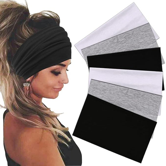 Wide Headbands For Women Stretch Headband Boho Head Bands Women's Hair Band Turban Workout Hairband Accessories Black Gray White 6 Pack