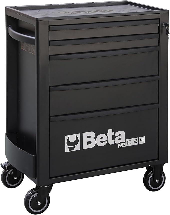 Beta RSC24 Heavy Duty Rolling Tool Cabinet, 5 Drawers, Black, Ball Bearing Slides, Rubber Mat Liners, 5" Casters, Anti-Fall Edge Worktop, 1760 lbs Load Capacity, Made in Italy