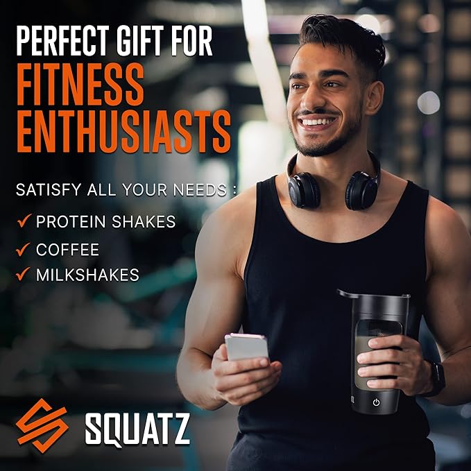 SQUATZ 22 Oz Electric Shaker Bottle - Rechargeable Automatic Protein Shake Blender Flask, Leak-proof & Easy to Clean, Smooth Drink in 15 Seconds, Ideal for Gym Shakes, Coffee, Milkshakes (Black)