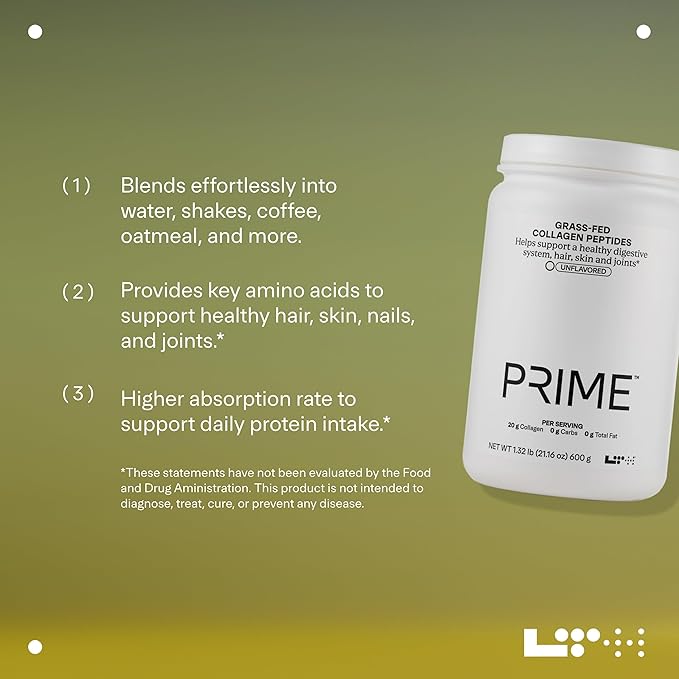 LTH Prime Collagen Peptides - Trusted by Life Time Fitness Members - Collagen Powder for Digestive Health - Supports Healthy Joints, Hair & Skin - from Grass-Fed Cows - Unflavored - 30 Servings