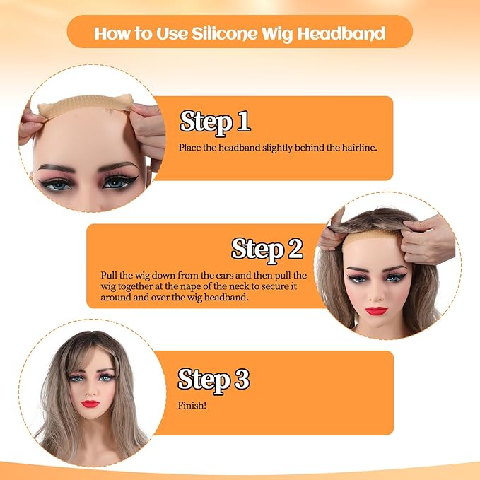 Bewudy 3 PCS Adjustable Silicone Wig Headband Grip, Women Men Wig Grip Band Adjustable Elastic Fixed Non-Slip Wigs Straps (Black+Skin Color+White)