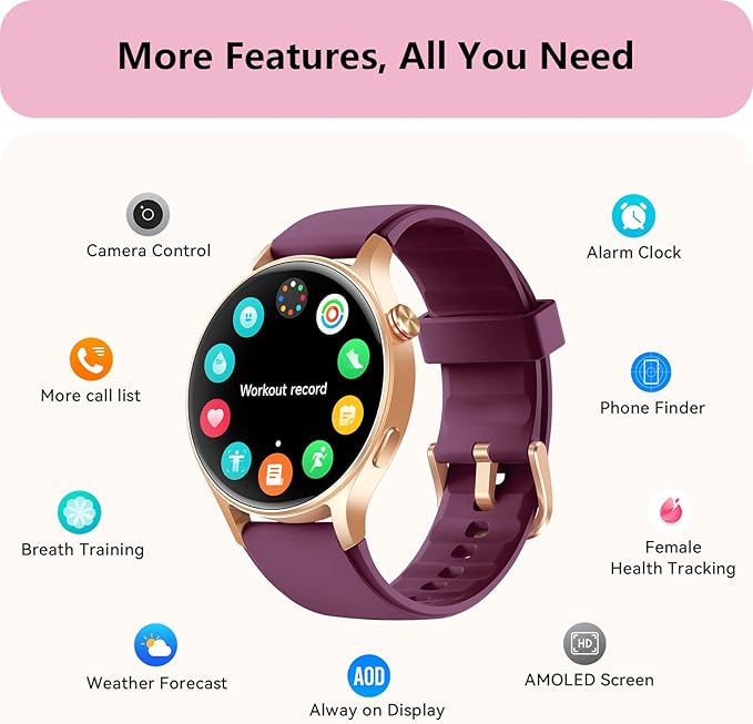 aeac Smart Watch for Women, AMOLED Ultra-Clear Screen Activity Trackers with Heart Rate/Sleep/SpO2 Monitor, Smartwatch for iPhone/Samsung/Android, 110+ Sport Modes (Deep Purple, S/M/L, Deep Purple)