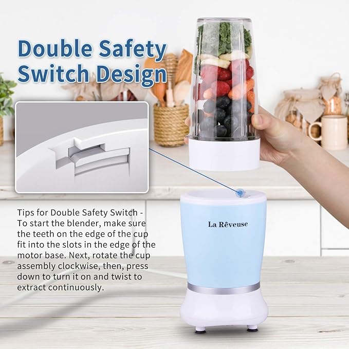 La Reveuse Personal Size Blender 250 Watts Power for Shakes Smoothies Seasonings Sauces with 1 Piece 15 oz Cup,1 Piece 10 oz Mug,BPA-Free (Sky Blue)