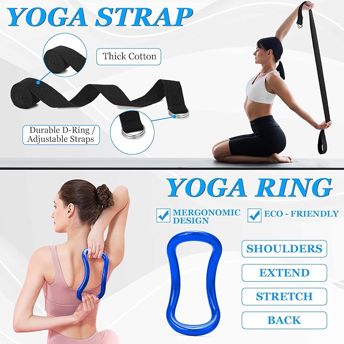 Yoga Wheel Set, Wheel Foam Roller with Back Cracker Roller for Pain Relief & Deep Tissue Massage and Stretching 500lbs Capacity, Trigger Point Therapy Massage Ball, Yoga Blocks 2 Pack with Strap