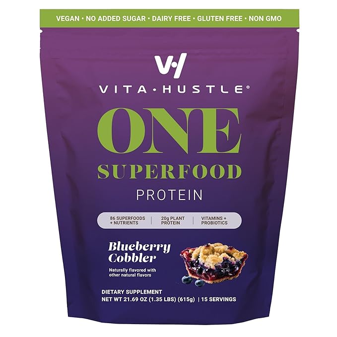 VitaHustle ONE Meal Replacement Shake - Plant Based Protein Powder by Kevin Hart - Vegan, Meal Replacement Powder with Superfoods, Vitamins, Adaptogens & Probiotics - Blueberry Cobbler Flavor, 15 Servings
