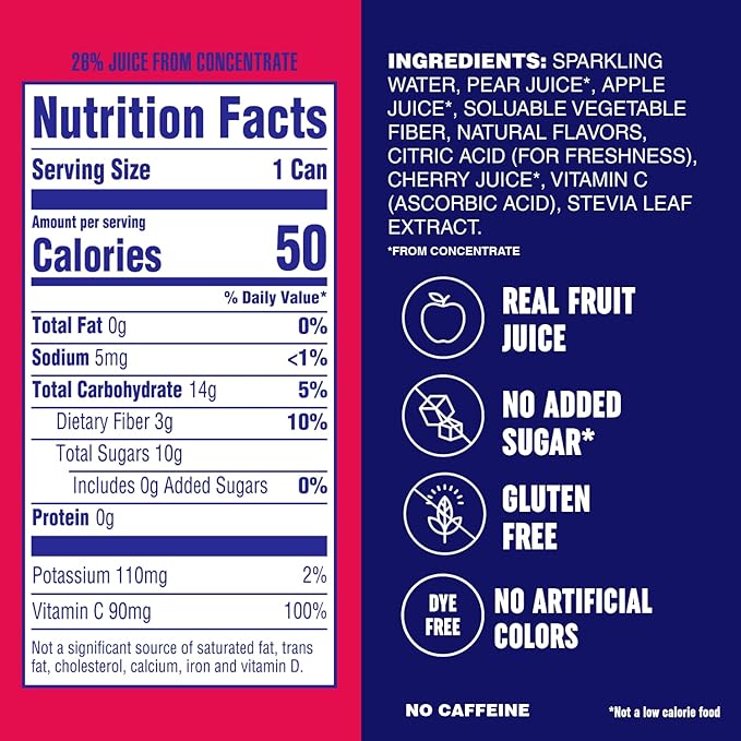 PLEZi FiZZ Cherry Limeade Sparkling Juice - Healthy Soda Alternative with Real Fruit Juice, No Added Sugar - Low Sugar Sparkling Drink - Good Source of Fiber, 12 Fl Oz (12 Pack)