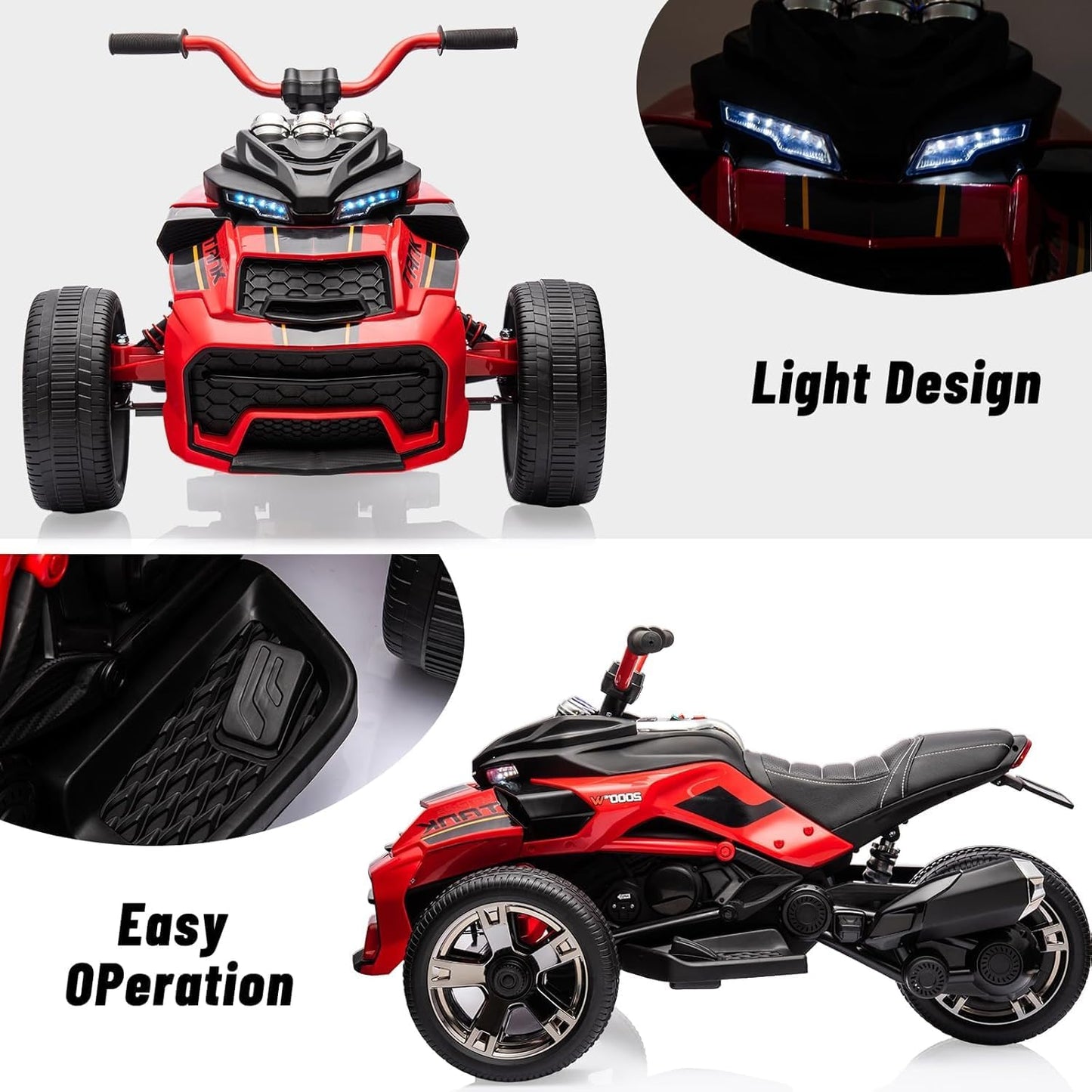 12V Kids Electric Ride-On Car with Parent Remote Control, 7MPH, 2 Speeds, 2x55W Motor, LED Lights, Music, USB & EVA Tires, 3 Wheel Battery Powered Toy Vehicle for Toddlers