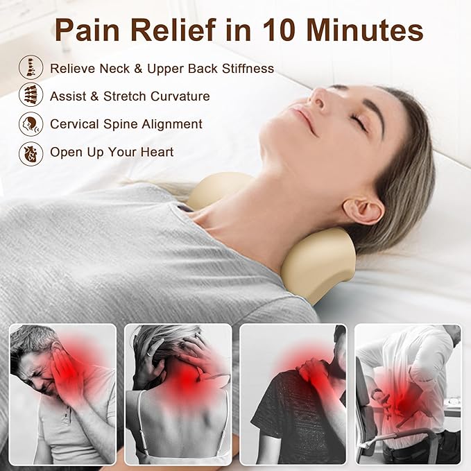 Neck and Shoulder Relaxer with Upper Back Massage Point, Cervical Traction Device Neck Stretcher for TMJ Pain Relief and Cervical Spine Alignment Chiropractic Pillow (Beige)