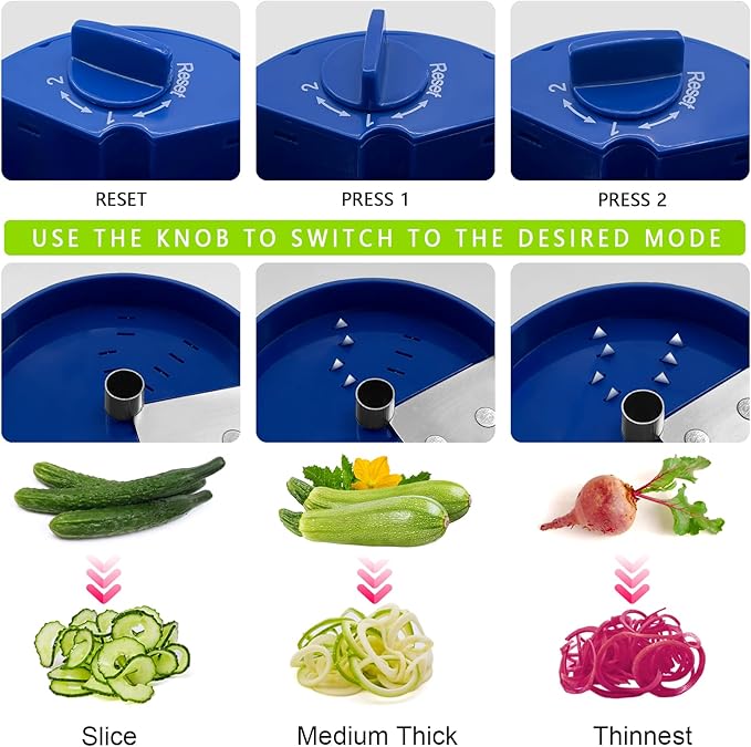 3 in 1 Vegetable Spiralizer Slicer, Adjustable Zucchini Carrot Noodle Maker, Cucumber Spiral Cutter, Easy to Use Kitchen Tool(Blue)