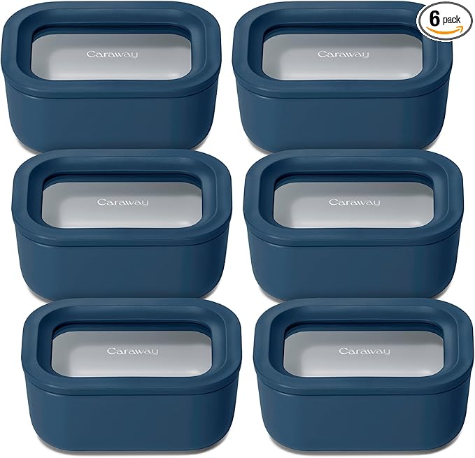 Caraway 6pc Glass Food Storage Set - 2.6 Cup Storage Containers For Food (6) - Non-Toxic Ceramic-Coated Glass - Air Release Technology - Compact & Stackable Design - Navy