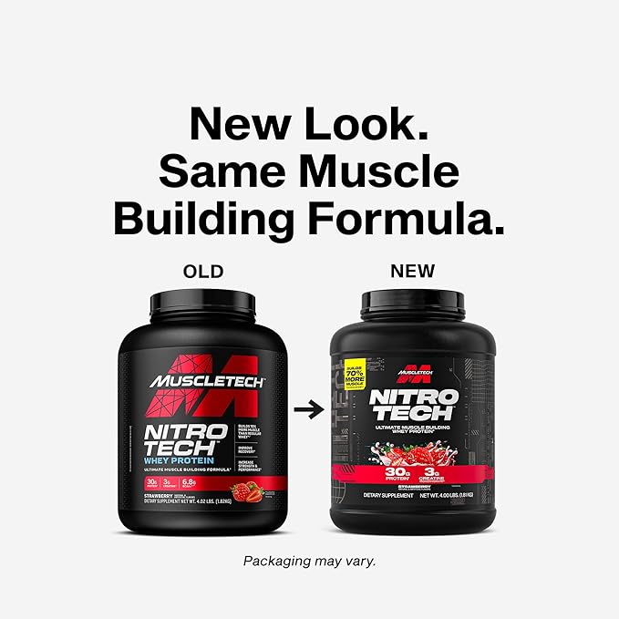 Muscletech Whey Protein Powder (Strawberry, 4 Pound) - Nitro-Tech Ultimate Muscle Building Formula with Whey Protein Isolate - 30g of Protein, 3g of Creatine & 6.8g of BCAA - Packaging May Vary