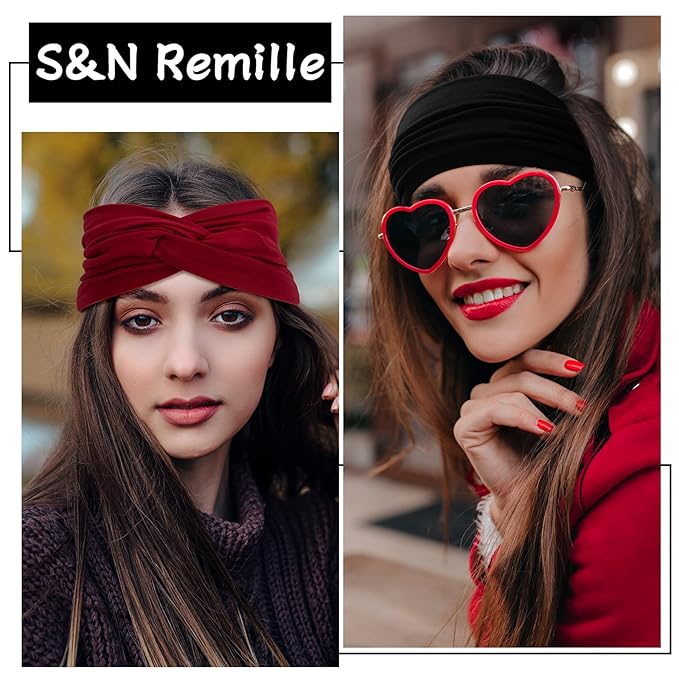 S&N Remille Wide Headbands for Women, Large Hairband, Elastic Non-Slip Headband Twist Knotted Accessories, Yoga Workout Vintage Hair 3 Pack (Colour-6)