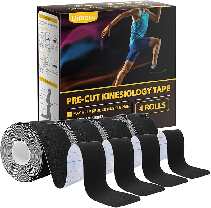 Dimora Kinesiology Tape, 80 Count Precut Strips 4 Rolls, Original Cotton, 10” Elastic Athletic Tape for Muscle Pain Relief and Joint Support, Black