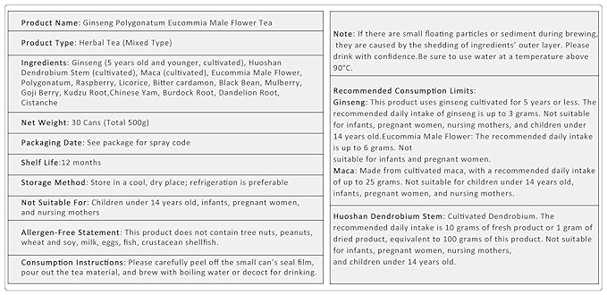 Ginseng Polygonatum Eucommia Male Flower Tea, 16 Ingredients Organic Natural Formula Kidney Tea, 500g/Box Ginseng Six Treasure Aid Root Kidney Men's Herbal Tea (30 cans/1Box)