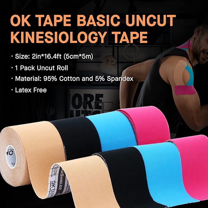 OK TAPE Kinesiology Tape, Regular Original Cotton Elastic Athletic Tape for Support and Recovery, Sports Tape, 2in×16.4ft Uncut Roll - Black