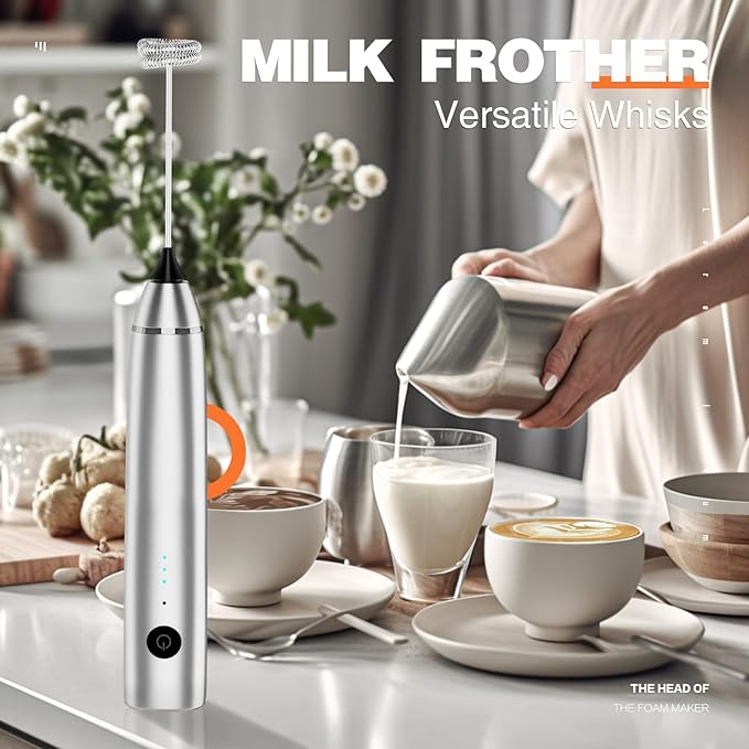 Milk Frother Rechargeable Handheld Electric Whisk Coffee Frother Mixer with 2 Stainless whisks 3 Speed Adjustable Foam Maker Blender for Coffee Matcha Latte Cappuccino Hot Chocolate(Gray)