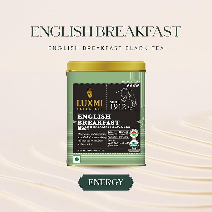 Luxmi Estates - Tale of Two Estates - Organic English Breakfast Tea - Loose Leaf - 100g (50 Cups) | Made with Organic Darjeeling & Assam Tea from India | Smooth, Flavorful, Robust and Caffeinated
