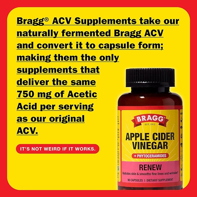 Bragg Renew Apple Cider Vinegar Capsules with Phytoceramides - 90 Capsules - Maintains Healthy Skin and Promotes Hydration