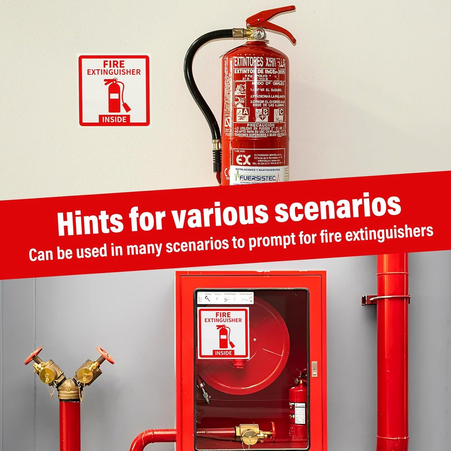 Madrigal Fire Extinguisher Inside Sticker Sign,4Pack 3x3" Self-Adhesive Vinyl, Weatherproof & UV Protected for Cars, Trailers, Rv's, Trucks and Vehicles, Red on White