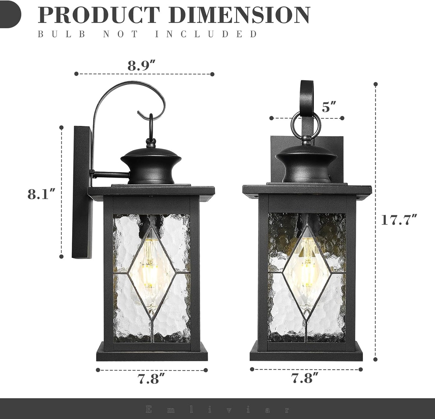 Emliviar Large Outdoor Wall Lantern 18 Inch, Black Front Porch Light with Water Grain Glass Shade, Outside Lights for House and Garage, 1810-BW2-SD