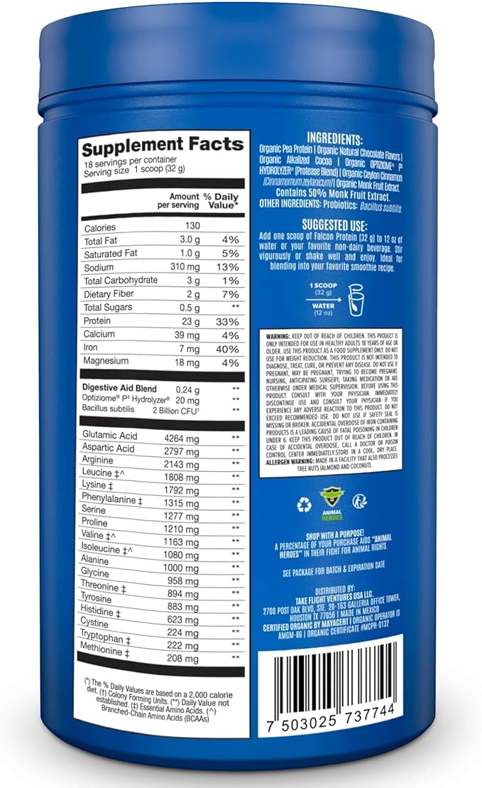 Falcon Vegan Protein Powder Organic, Stevia & Sugar Free, Plant Based Protein, Low Carb, Dairy Free, Keto, Non Whey Protein, Probiotic, Pea Protein | Chocolate Flavor - 18 Servings - 1.32lb
