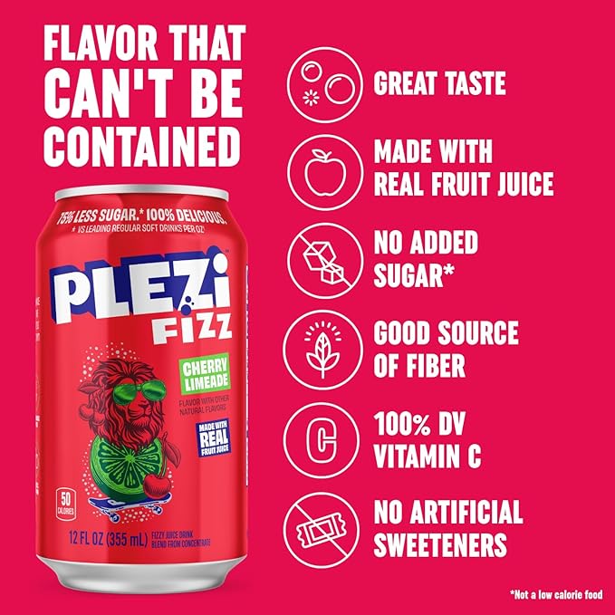 PLEZi FiZZ Cherry Limeade Sparkling Juice - Healthy Soda Alternative with Real Fruit Juice, No Added Sugar - Low Sugar Sparkling Drink - Good Source of Fiber, 12 Fl Oz (12 Pack)