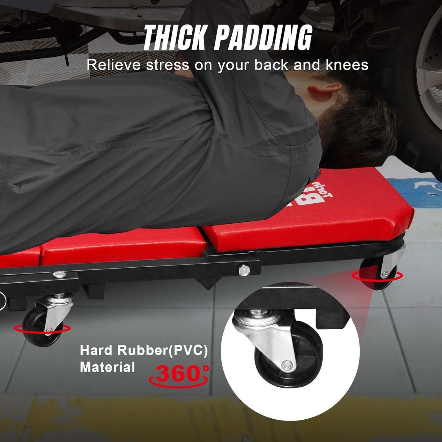 BIG RED ATR6036ZER 36" Foldable Z-Creeper Seat: 2-in-1 Garage Shop Creeper for Auto Repair with 6 Wheels, 300 Lbs. Capacity - Red