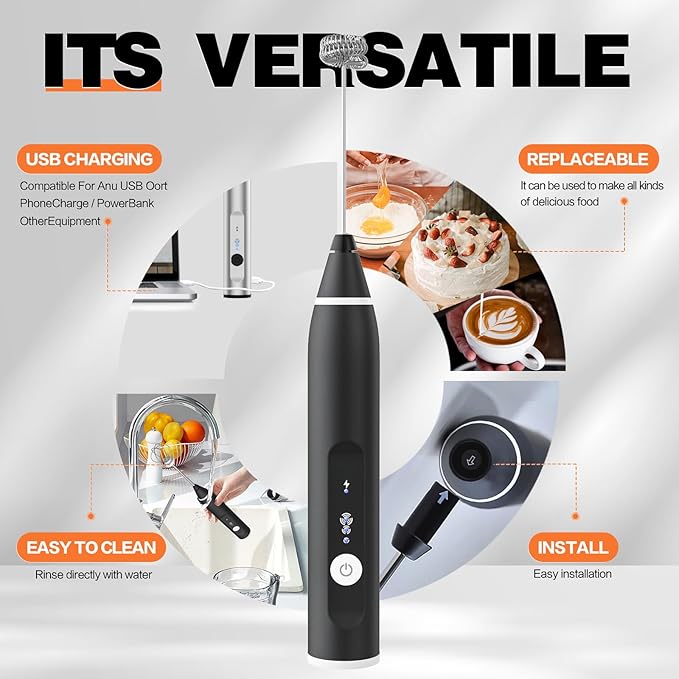 Milk Frother Rechargeable Handheld Electric Whisk Coffee Frother Mixer with 2 Stainless whisks 3 Speed Adjustable Foam Maker Blender for Coffee Matcha Latte Cappuccino Hot Chocolate(Black)