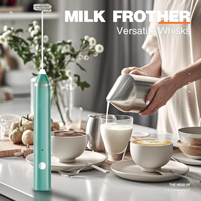 Milk Frother Rechargeable Handheld Electric Whisk Coffee Frother Mixer with 3 Stainless whisks 3 Speed Adjustable Foam Maker Blender for Coffee Matcha Latte Cappuccino Hot Chocolate(Green)