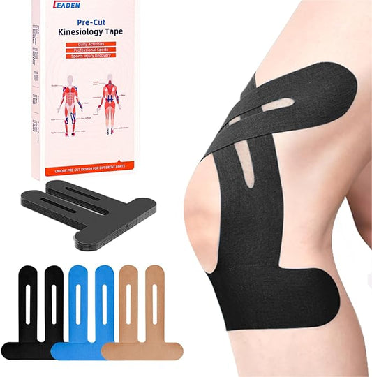IEADEN Precut Kinesiology Tape for Knees, 20 Pcs - Knee Support & Stability, Knee Pain Relief Athletic Tape - Waterproof & Elastic, Breathable Hypoallergenic Latex-Free Tape, Black