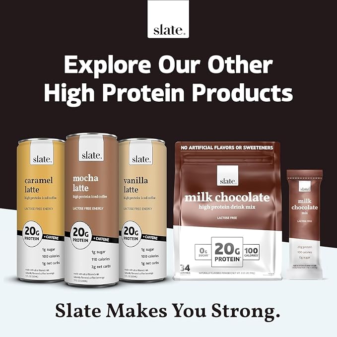 Slate Milk - High Protein Iced Coffee - Sweet Cream Latte - 175mg Caffeine, Lactose Free Energy - 20g Protein, 1g Sugar, 100 Calories, 1g Net Carbs, No Sugar Added - Protein Coffee - 11 fl oz, 12 Cans