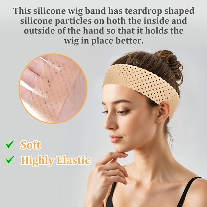 2 Pcs Silicone Wig Grip Band Adjustable, Elastic Wig Headbands, Fixed Non Slip Wigs Straps Women Men WigBands Sweat-Proof Hold WigCap Hairband for Keeping Wigs in Place(Skin Color)