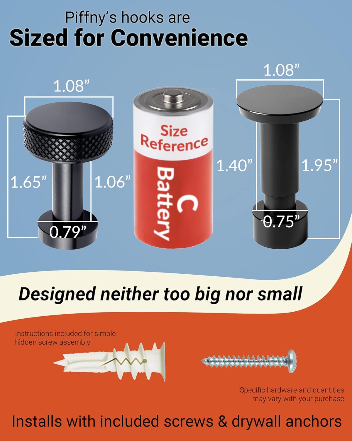 Screw Mount Round Hooks Constructed of Stainless Steel for Towels, Robes, Hats, Jackets in The Bathroom, Bedroom, Kitchen, Entry, and Backyard BBQ Pool Deck - Smooth Black, 6 Pack