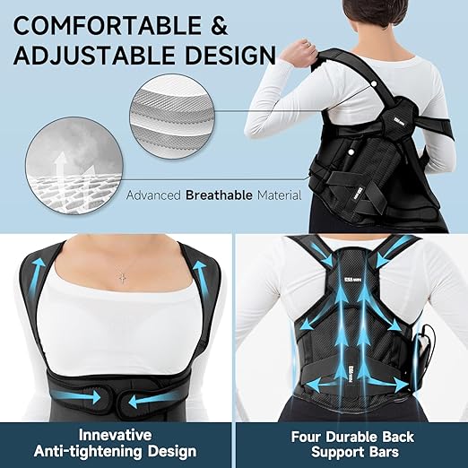 Back Brace Posture Corrector for Women and Men with Heating Pad, Shoulder Posture Corrector for Men, Back Heating Pad for Back Pain Relief - Scoliosis, Spine Corrector (Black, Small)