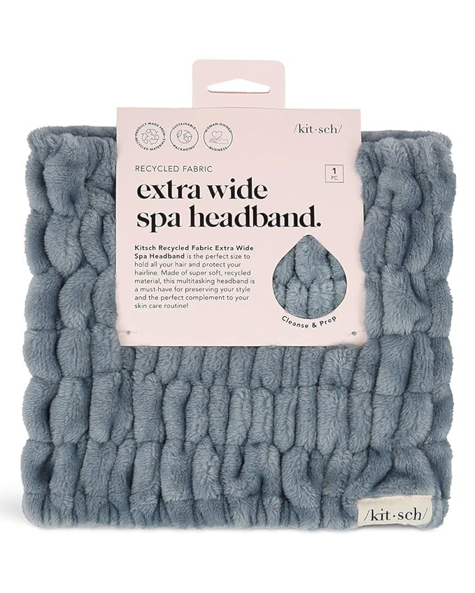 Kitsch Spa Headband for Women – Soft, Stretchy Skincare Headband for Washing Face, Makeup & Facials | Extra-Wide, Non-Slip for Beauty Routines & Self-Care - Misty Blue