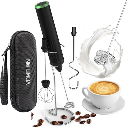 Milk Frother Handheld,3-Speed Rechargeable Coffee Foamer Drink Whisk with 3 Stainless Steel Heads Electric USB C Whisk for Coffee, Latte, Cappuccino, Hot Chocolate, Protein,Egg light Black