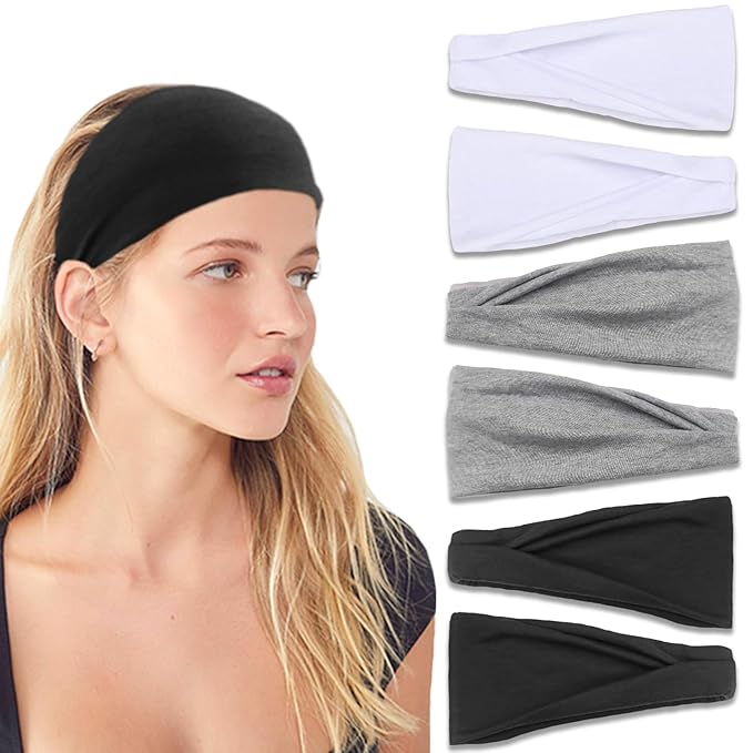 IVARYSS Headbands for Women, Non-Slip, Premium Stretchy Head Bands Hair Accessories,Wear for Yoga, Fashion, Working Out, Travel or Running, 6 Pack, Black White Grey