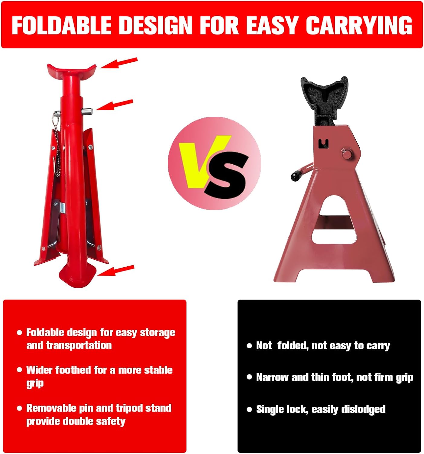 Foldable Jack Stands 3 Ton (6,600 LBs), 11.42"-16.06" Adjustable Height with Mobility Safety Pin,Car Jack Stand for Home&Garage, Workshops,Lifting SUV, Pickup Truck,UTV/ATV, Red, 1 Pair